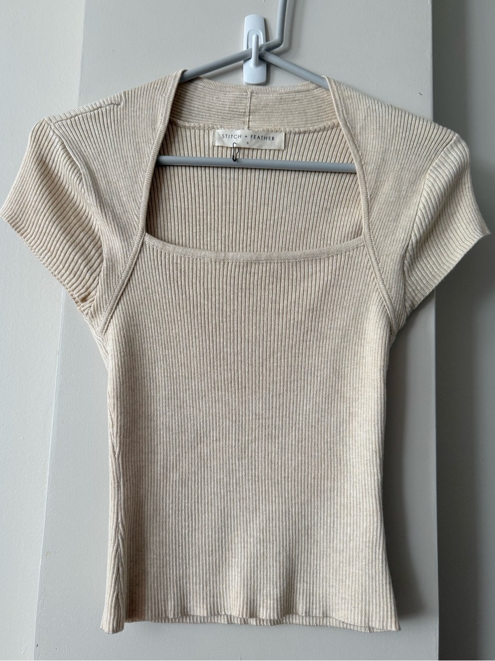 Stitch + Feather Cream Ribbed Short-Sleeve Square-Neck Top